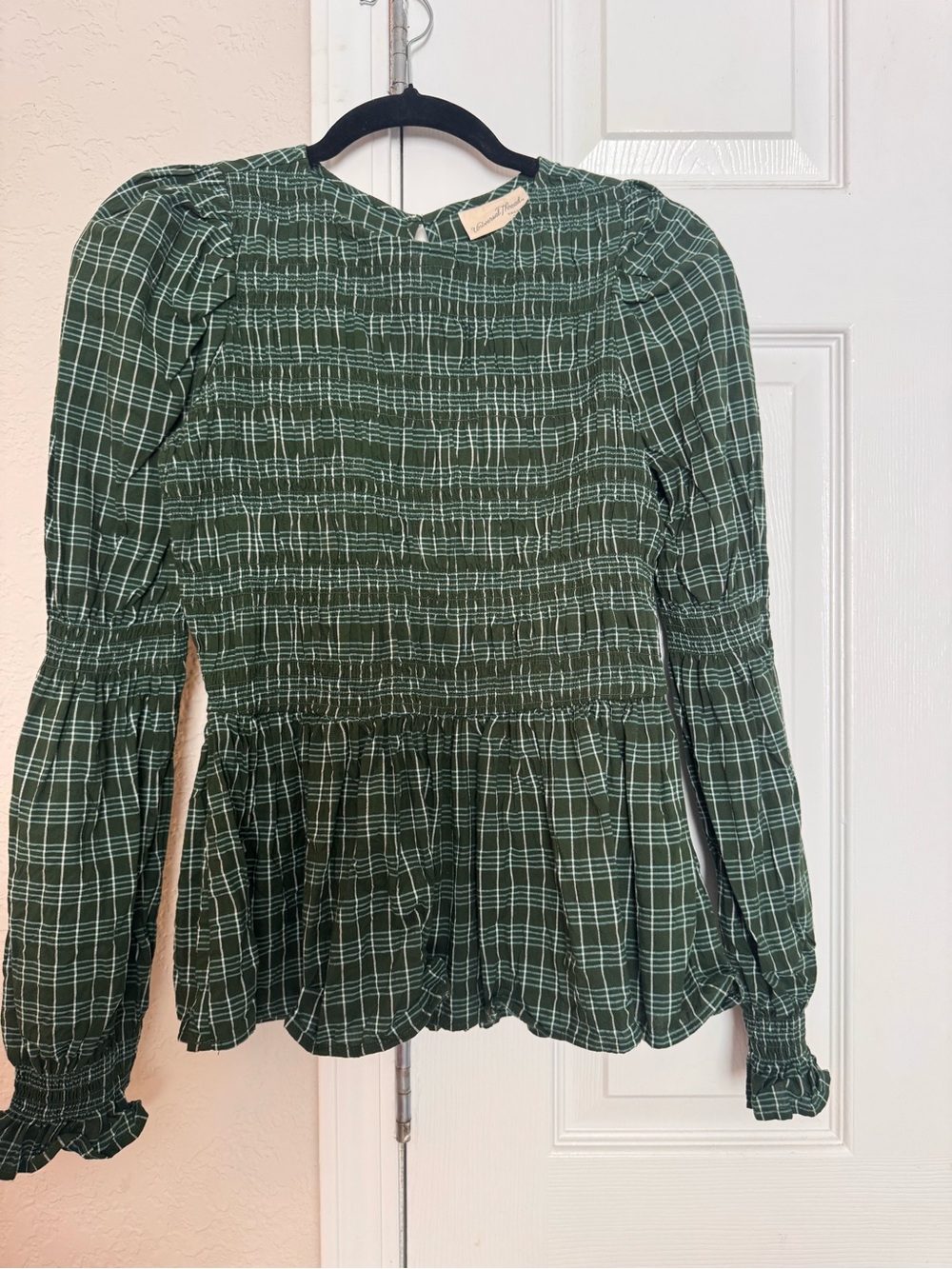 Universal Thread Smocked Plaid Peplum Blouse - Dark Green
